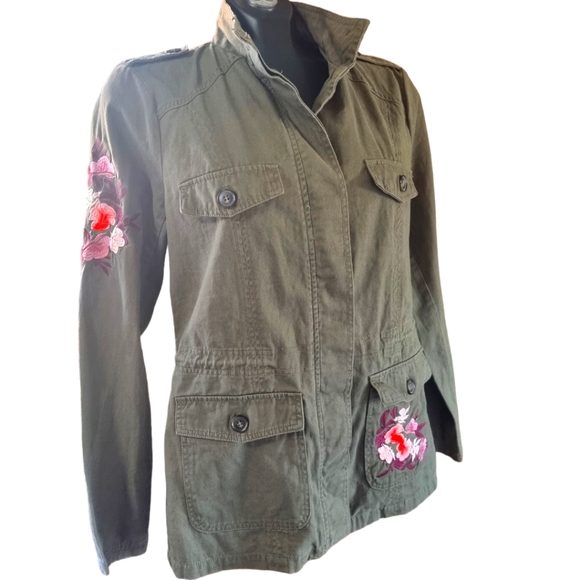 Liquid X Embroidered Floral & Tiger Khaki Green Utility Jacket - Picture 2 of 11